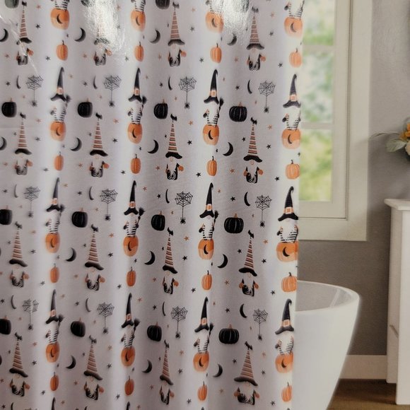 🎃 Halloween Gnome Shower Curtain Witch Pumpkin Star Moon Bat Web Fall Autumn - Picture 3 of 6